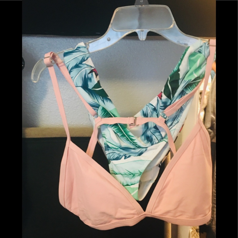 Fashion Nova Pink and Green Leaf Bikini